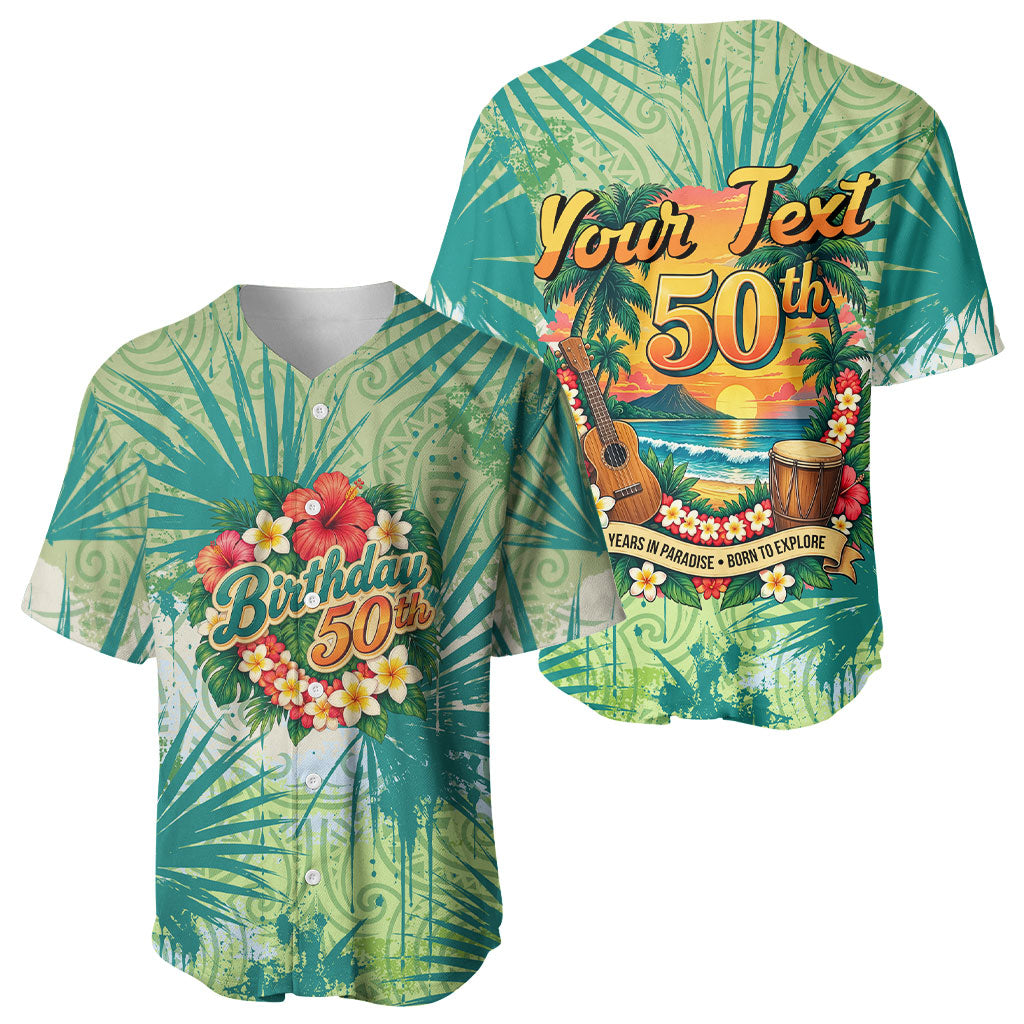 Personalized Polynesia 50th Birthday Baseball Jersey Vintage Hawaiian Floral Ukulele Tropical Sunset Art TS04 - Polynesian Pride