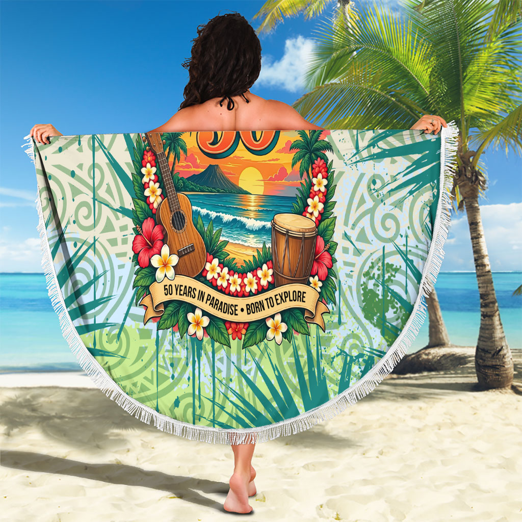 Personalized Polynesia 50th Birthday Beach Blanket Vintage Hawaiian Floral Ukulele Tropical Sunset Art TS04 - Polynesian Pride