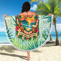 Personalized Polynesia 50th Birthday Beach Blanket Vintage Hawaiian Floral Ukulele Tropical Sunset Art TS04 - Polynesian Pride