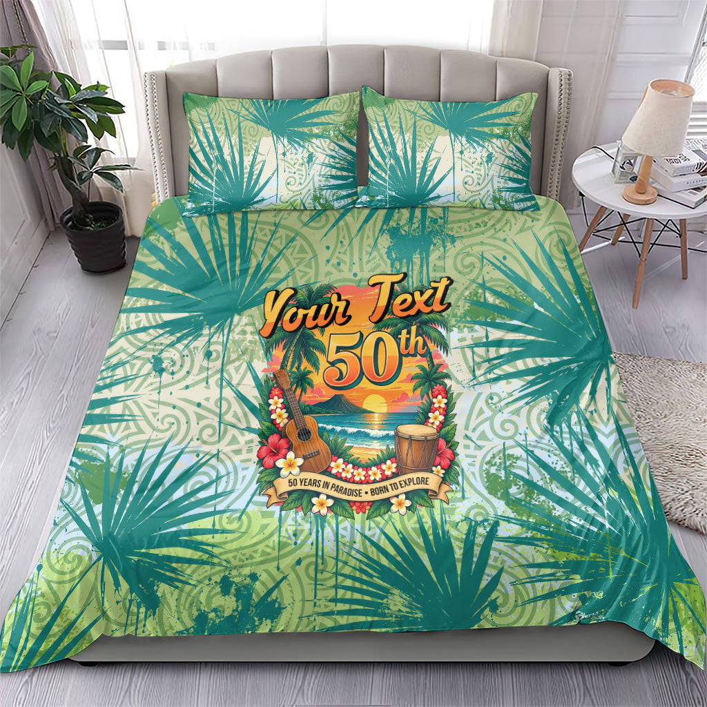 Personalized Polynesia 50th Birthday Bedding Set Vintage Hawaiian Floral Ukulele Tropical Sunset Art TS04 - Polynesian Pride