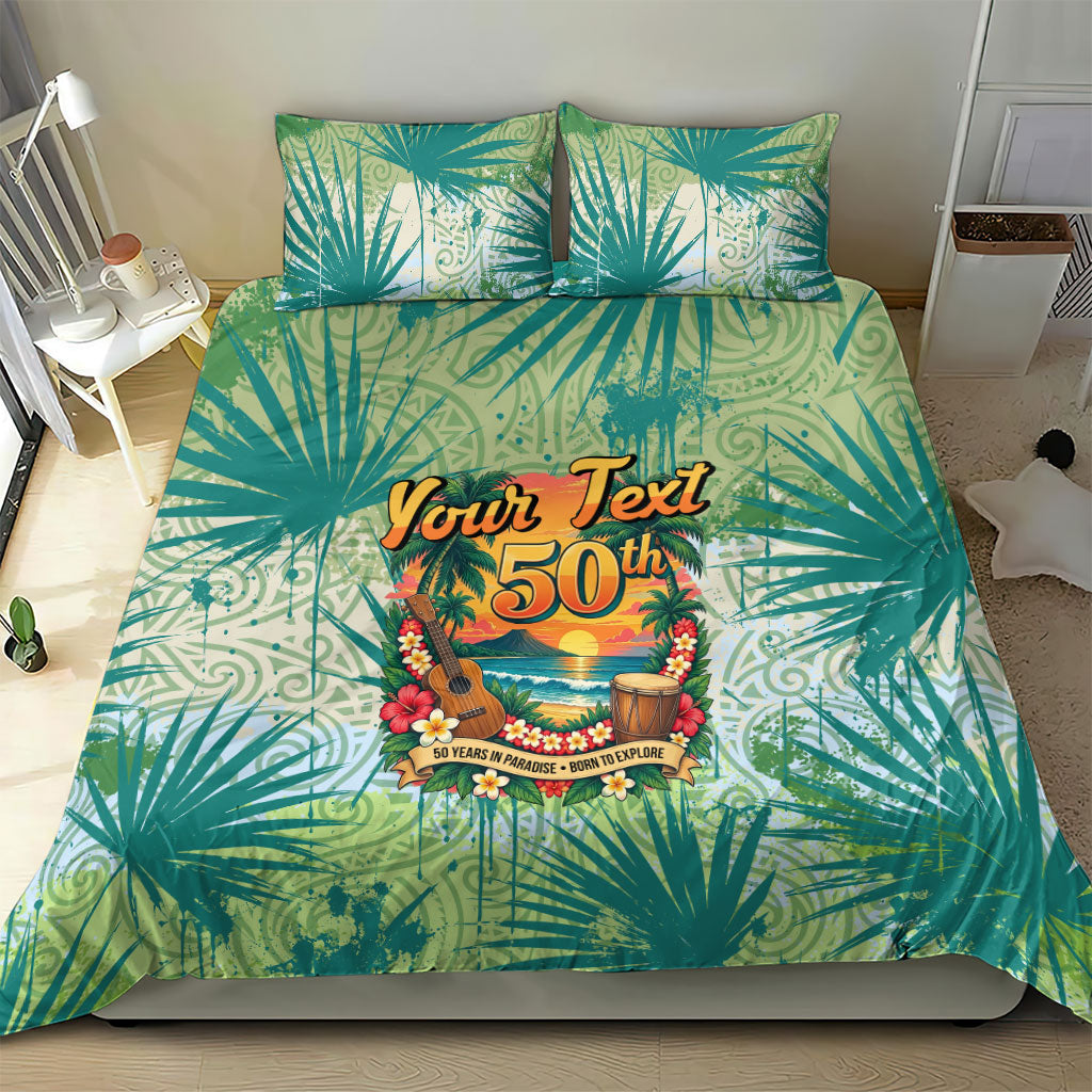 Personalized Polynesia 50th Birthday Bedding Set Vintage Hawaiian Floral Ukulele Tropical Sunset Art TS04 - Polynesian Pride