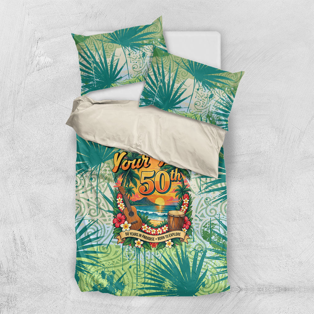 Personalized Polynesia 50th Birthday Bedding Set Vintage Hawaiian Floral Ukulele Tropical Sunset Art TS04 US Twin 172cm x 218cm Green - Polynesian Pride