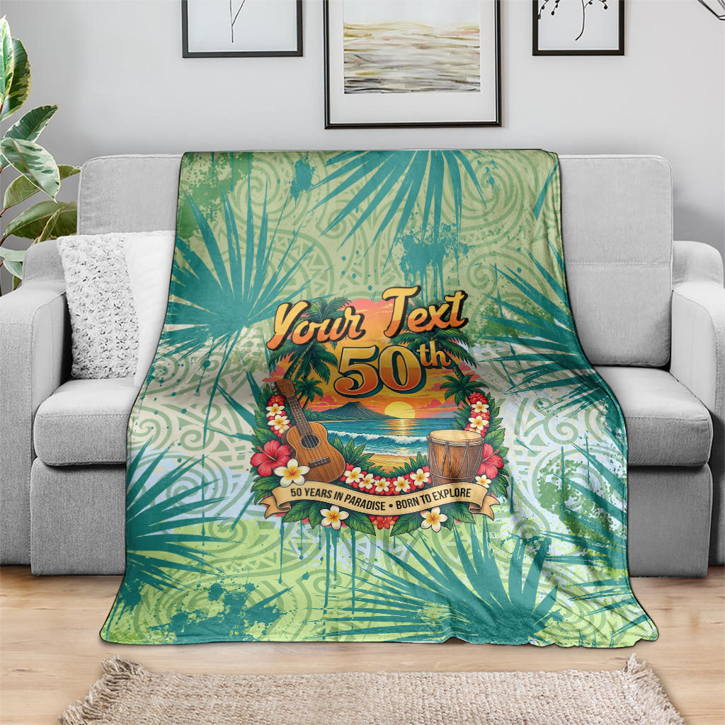 Personalized Polynesia 50th Birthday Blanket Vintage Hawaiian Floral Ukulele Tropical Sunset Art TS04 - Polynesian Pride