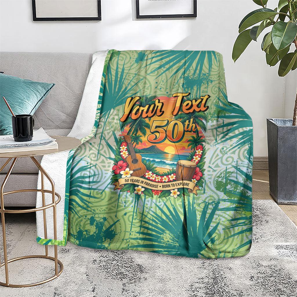 Personalized Polynesia 50th Birthday Blanket Vintage Hawaiian Floral Ukulele Tropical Sunset Art TS04 - Polynesian Pride