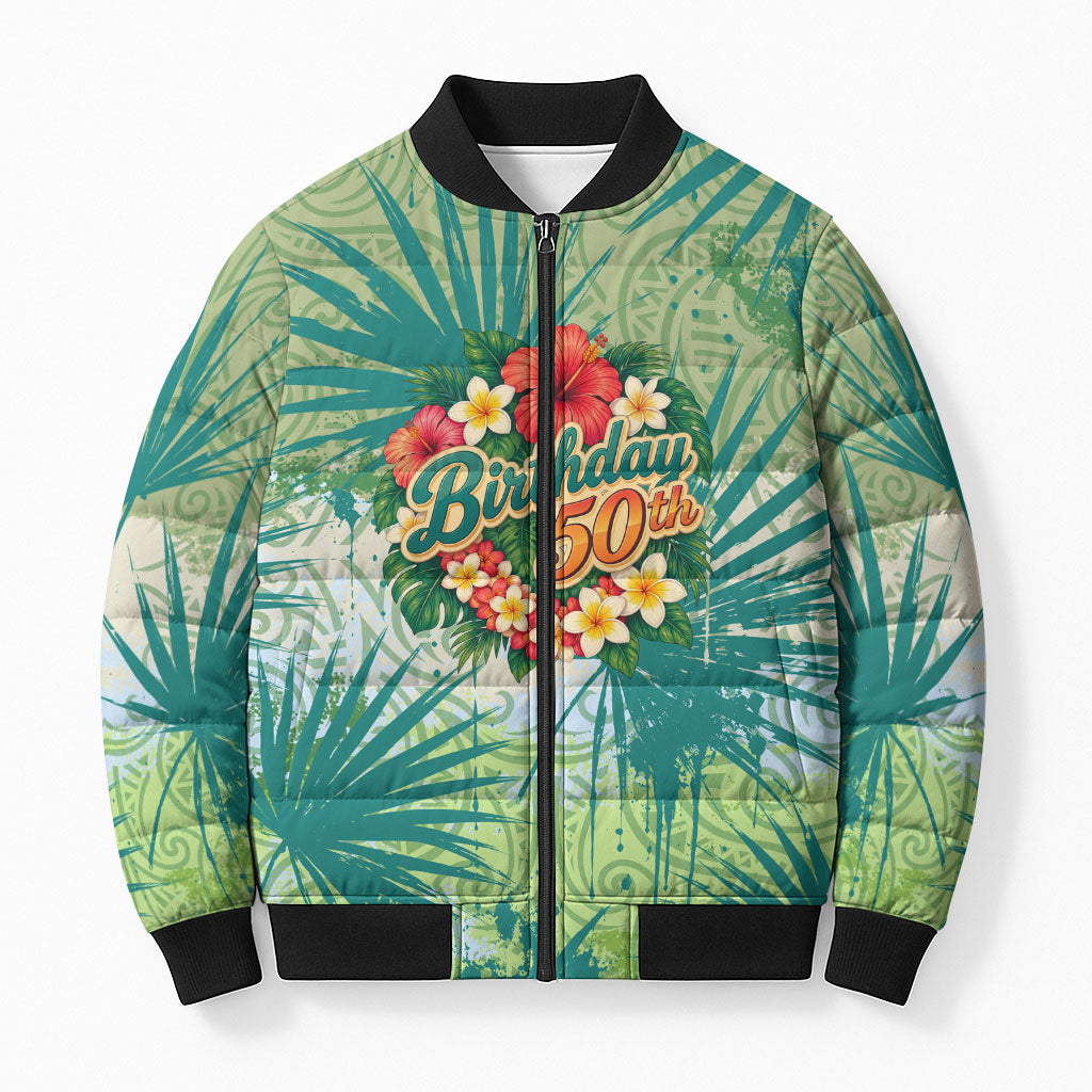 Personalized Polynesia 50th Birthday Bomber Puffer Jacket Vintage Hawaiian Floral Ukulele Tropical Sunset Art TS04 Unisex Green - Polynesian Pride