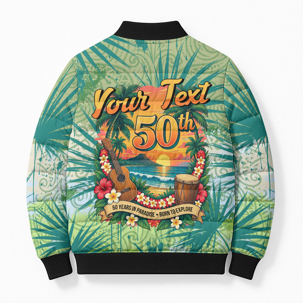 Personalized Polynesia 50th Birthday Bomber Puffer Jacket Vintage Hawaiian Floral Ukulele Tropical Sunset Art TS04 - Polynesian Pride