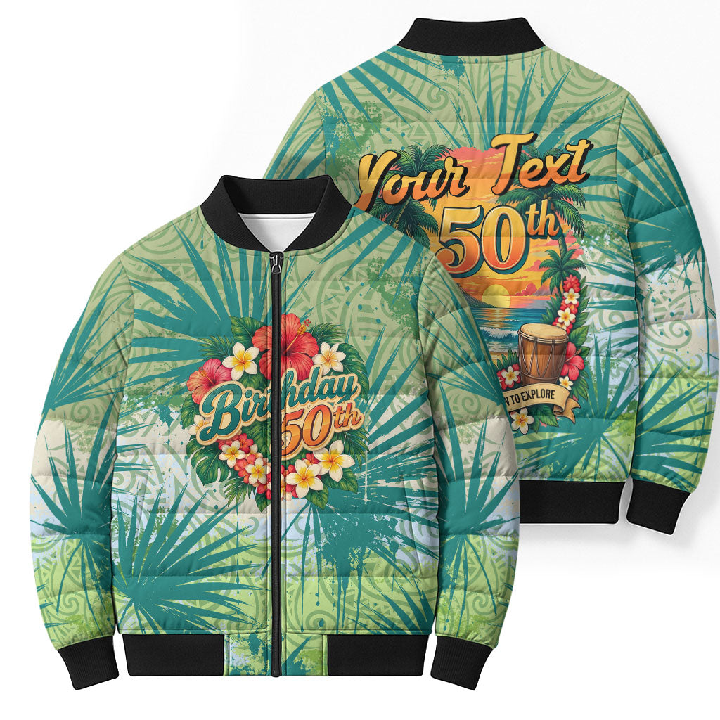 Personalized Polynesia 50th Birthday Bomber Puffer Jacket Vintage Hawaiian Floral Ukulele Tropical Sunset Art TS04 - Polynesian Pride