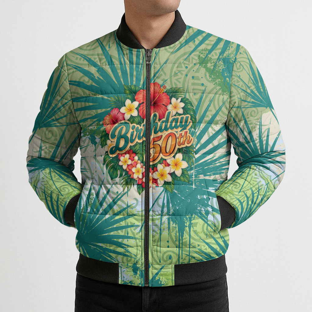 Personalized Polynesia 50th Birthday Bomber Puffer Jacket Vintage Hawaiian Floral Ukulele Tropical Sunset Art TS04 - Polynesian Pride