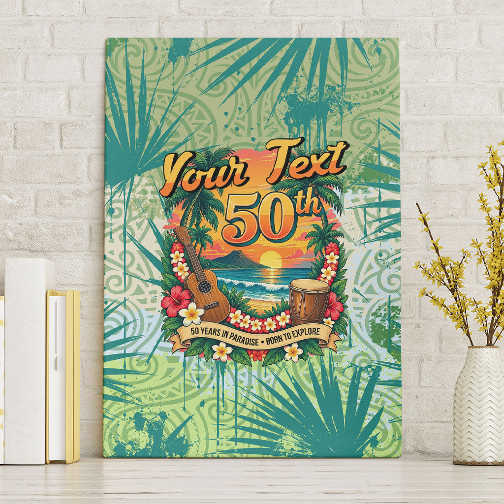 Personalized Polynesia 50th Birthday Canvas Wall Art Vintage Hawaiian Floral Ukulele Tropical Sunset Art TS04 Without Frame Green - Polynesian Pride