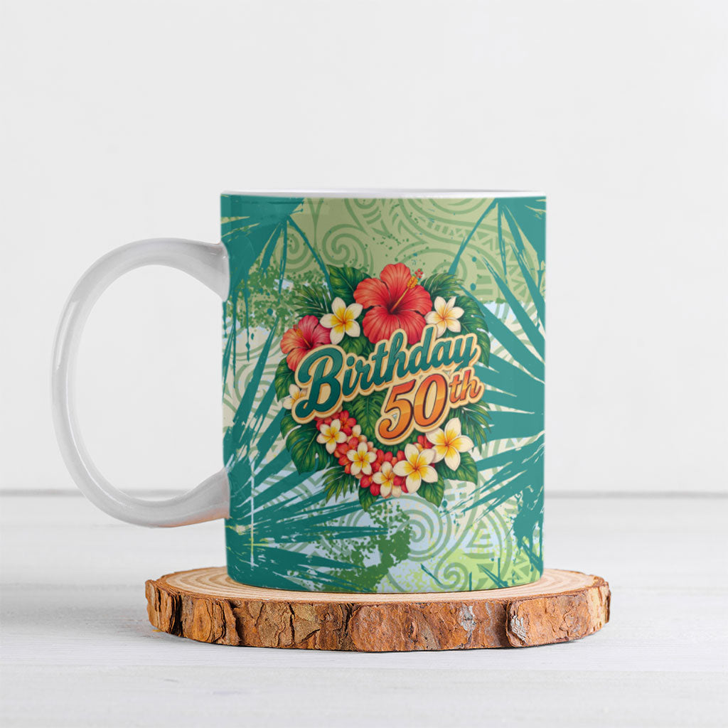Personalized Polynesia 50th Birthday Ceramic Mug Vintage Hawaiian Floral Ukulele Tropical Sunset Art TS04 Green - Polynesian Pride