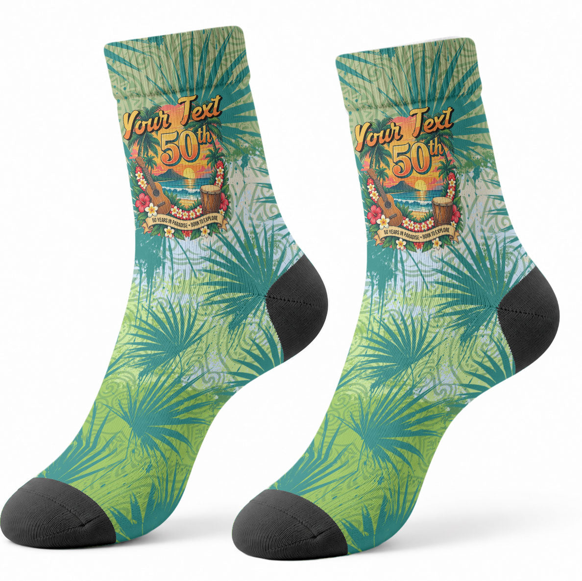 Personalized Polynesia 50th Birthday Crew Socks Vintage Hawaiian Floral Ukulele Tropical Sunset Art TS04 - Polynesian Pride
