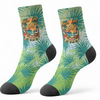 Personalized Polynesia 50th Birthday Crew Socks Vintage Hawaiian Floral Ukulele Tropical Sunset Art TS04 - Polynesian Pride