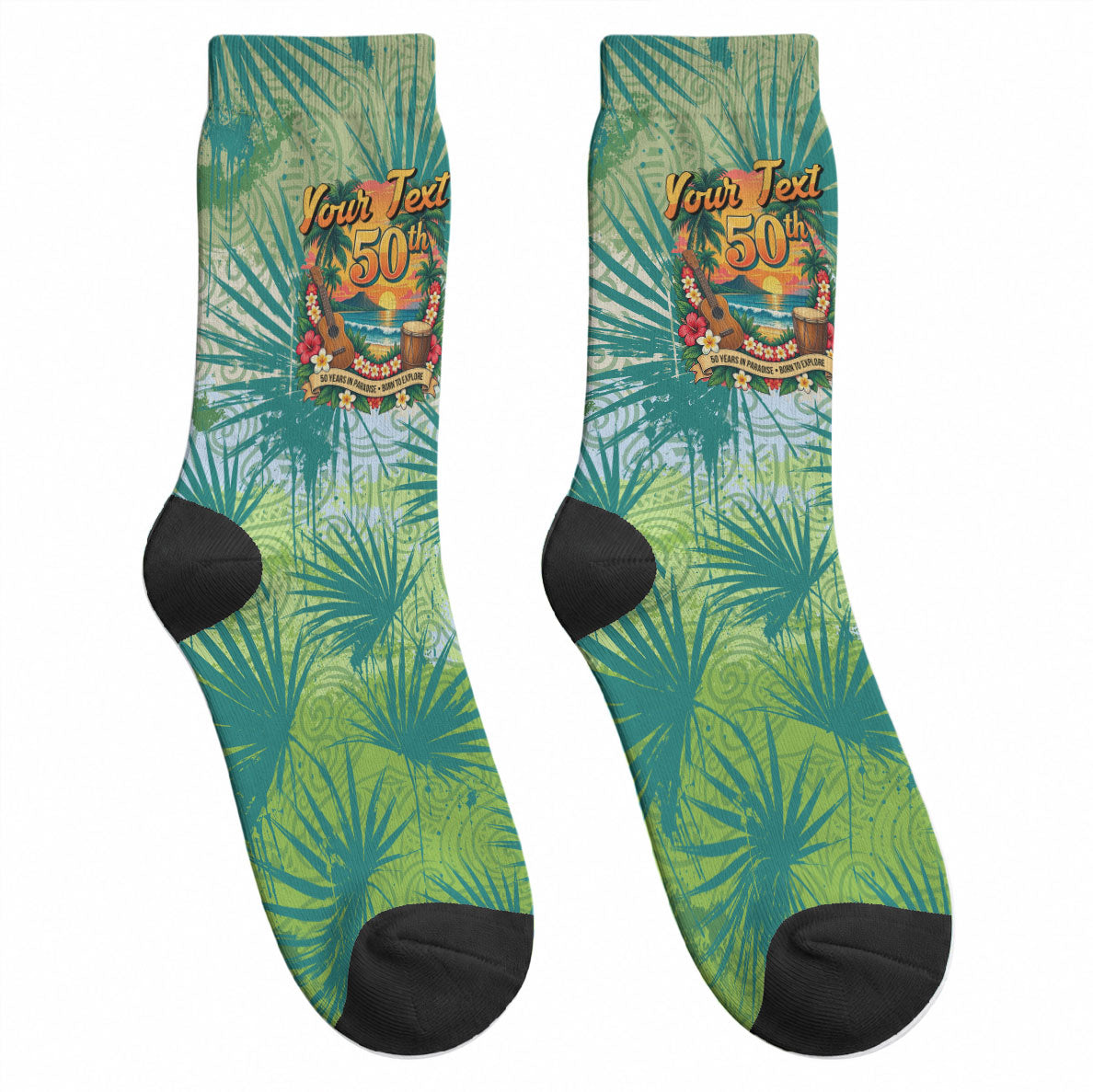 Personalized Polynesia 50th Birthday Crew Socks Vintage Hawaiian Floral Ukulele Tropical Sunset Art TS04 - Polynesian Pride