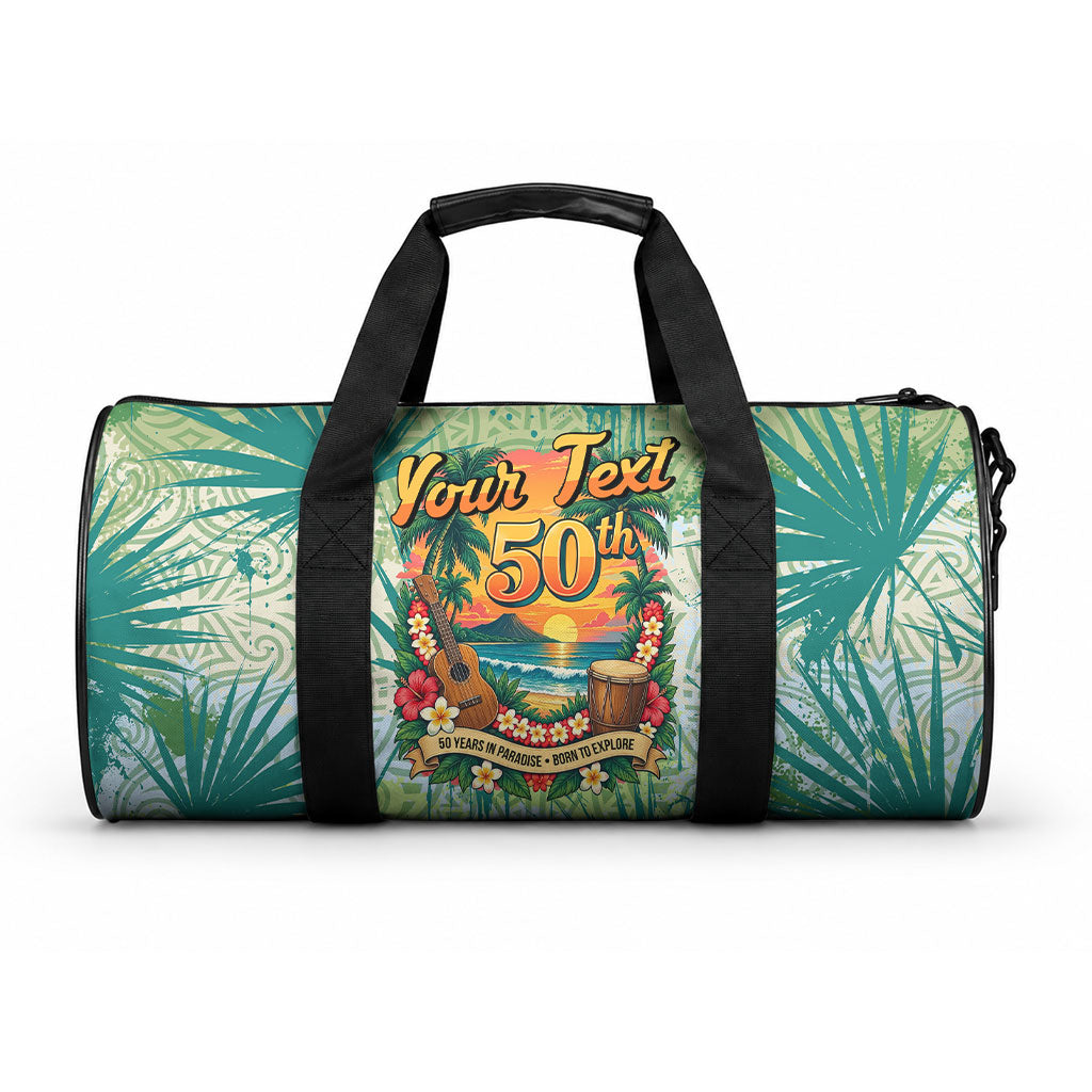Personalized Polynesia 50th Birthday Duffle Bag Vintage Hawaiian Floral Ukulele Tropical Sunset Art TS04 One size Green - Polynesian Pride