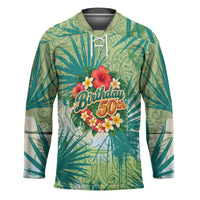 Personalized Polynesia 50th Birthday Hockey Jersey Vintage Hawaiian Floral Ukulele Tropical Sunset Art TS04 Unisex Green - Polynesian Pride