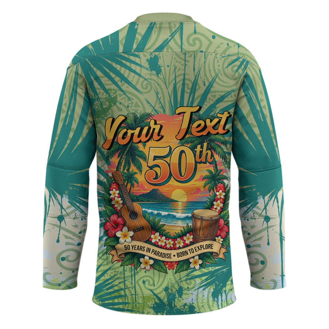 Personalized Polynesia 50th Birthday Hockey Jersey Vintage Hawaiian Floral Ukulele Tropical Sunset Art TS04 - Polynesian Pride
