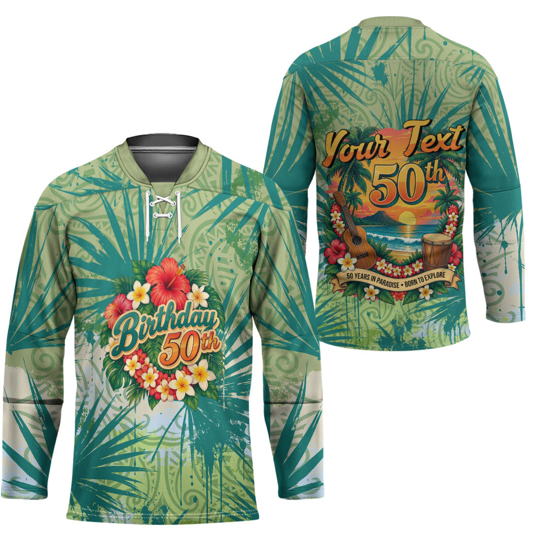 Personalized Polynesia 50th Birthday Hockey Jersey Vintage Hawaiian Floral Ukulele Tropical Sunset Art TS04 - Polynesian Pride