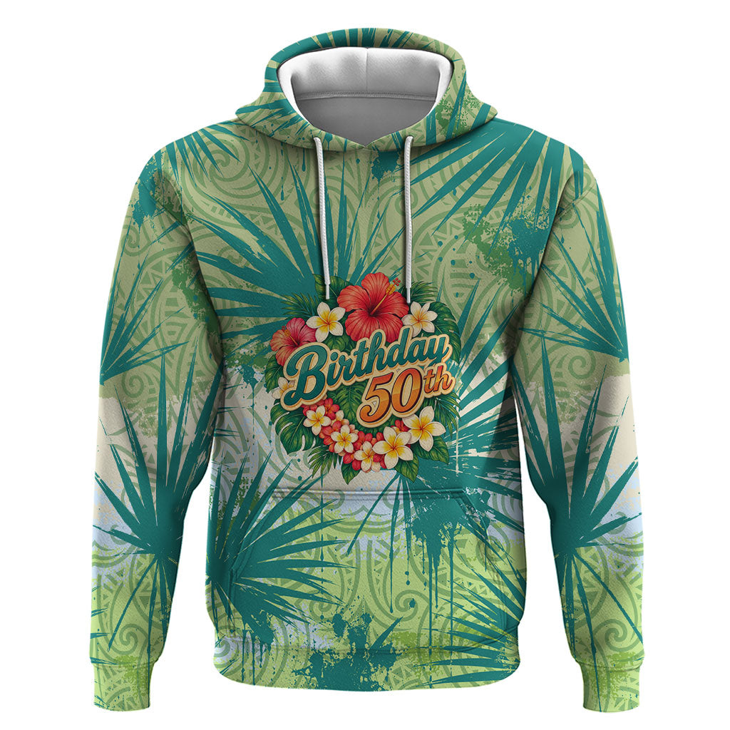 Personalized Polynesia 50th Birthday Hoodie Vintage Hawaiian Floral Ukulele Tropical Sunset Art TS04 Pullover Hoodie Green - Polynesian Pride