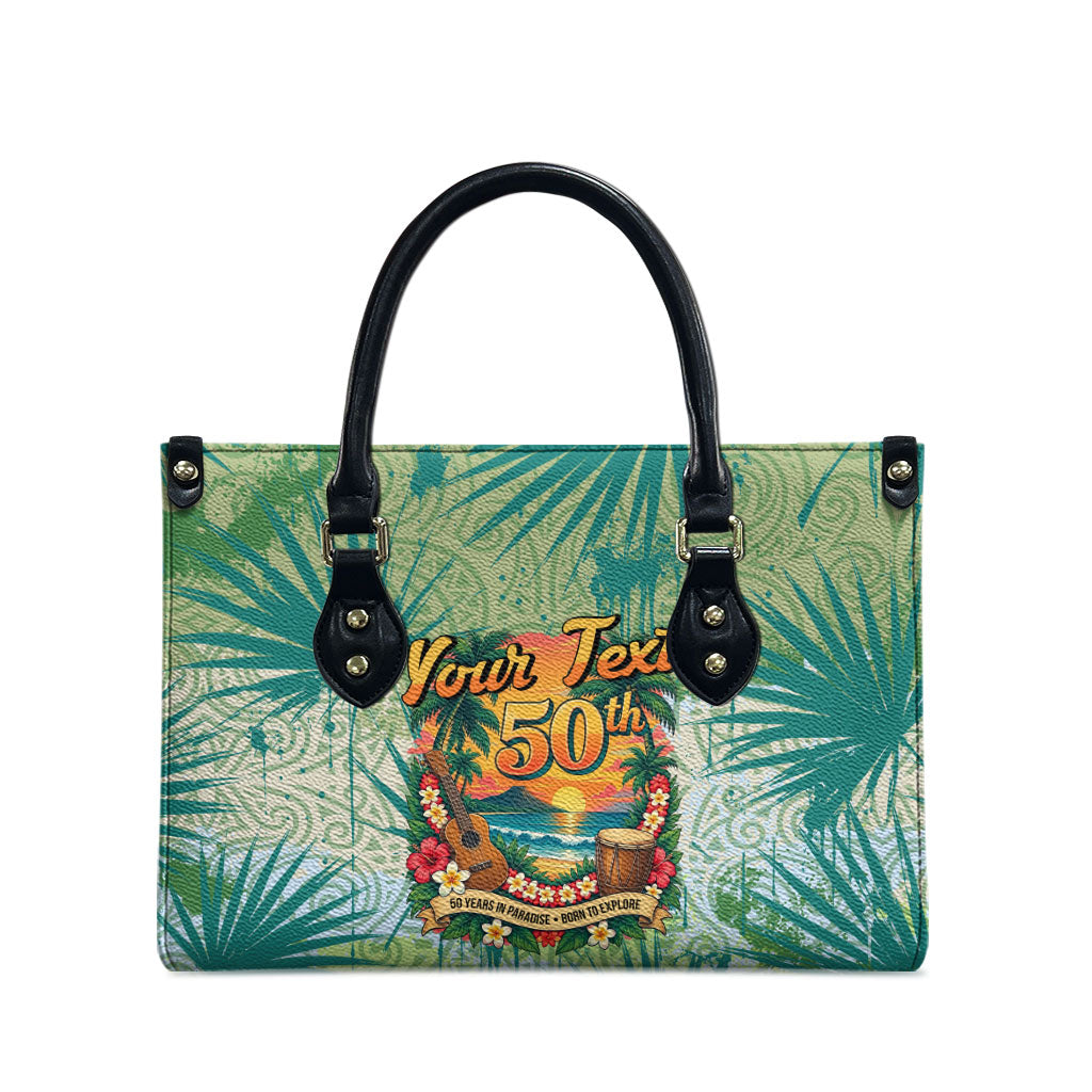 Personalized Polynesia 50th Birthday Leather Bag Vintage Hawaiian Floral Ukulele Tropical Sunset Art TS04 - Polynesian Pride