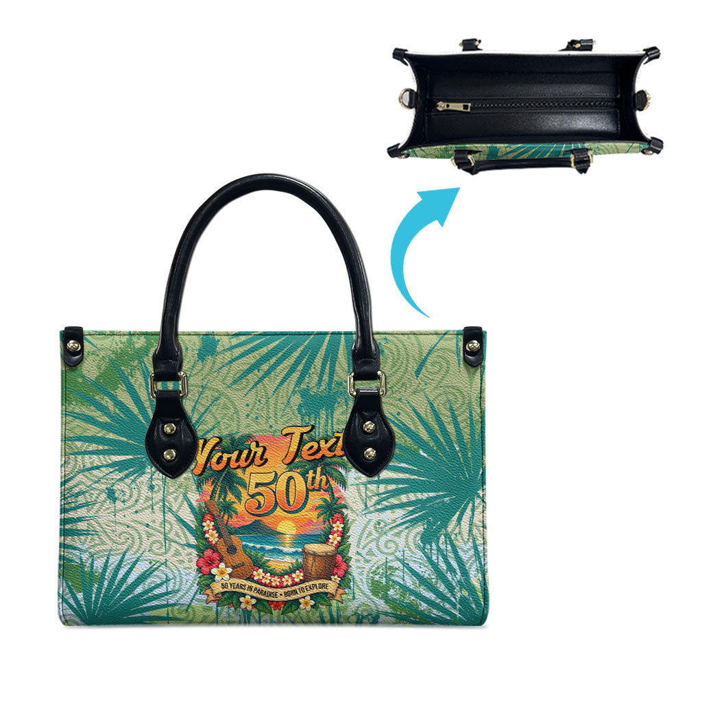 Personalized Polynesia 50th Birthday Leather Bag Vintage Hawaiian Floral Ukulele Tropical Sunset Art TS04 - Polynesian Pride