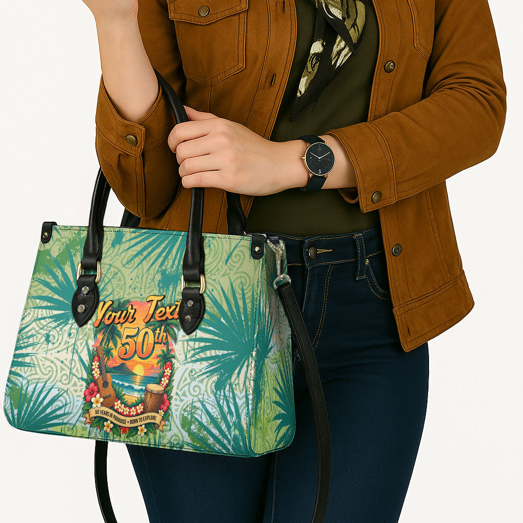 Personalized Polynesia 50th Birthday Leather Bag Vintage Hawaiian Floral Ukulele Tropical Sunset Art TS04 - Polynesian Pride