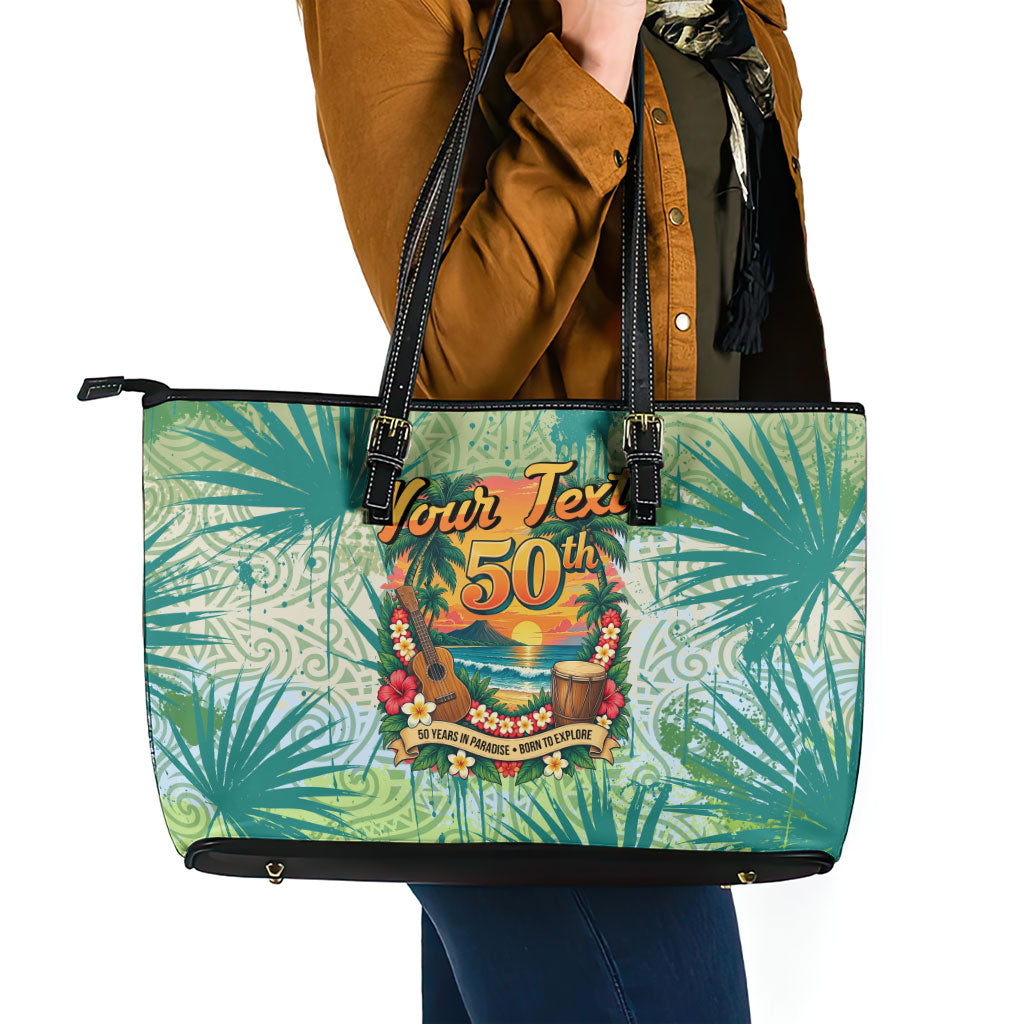 Personalized Polynesia 50th Birthday Leather Tote Bag Vintage Hawaiian Floral Ukulele Tropical Sunset Art TS04 - Polynesian Pride