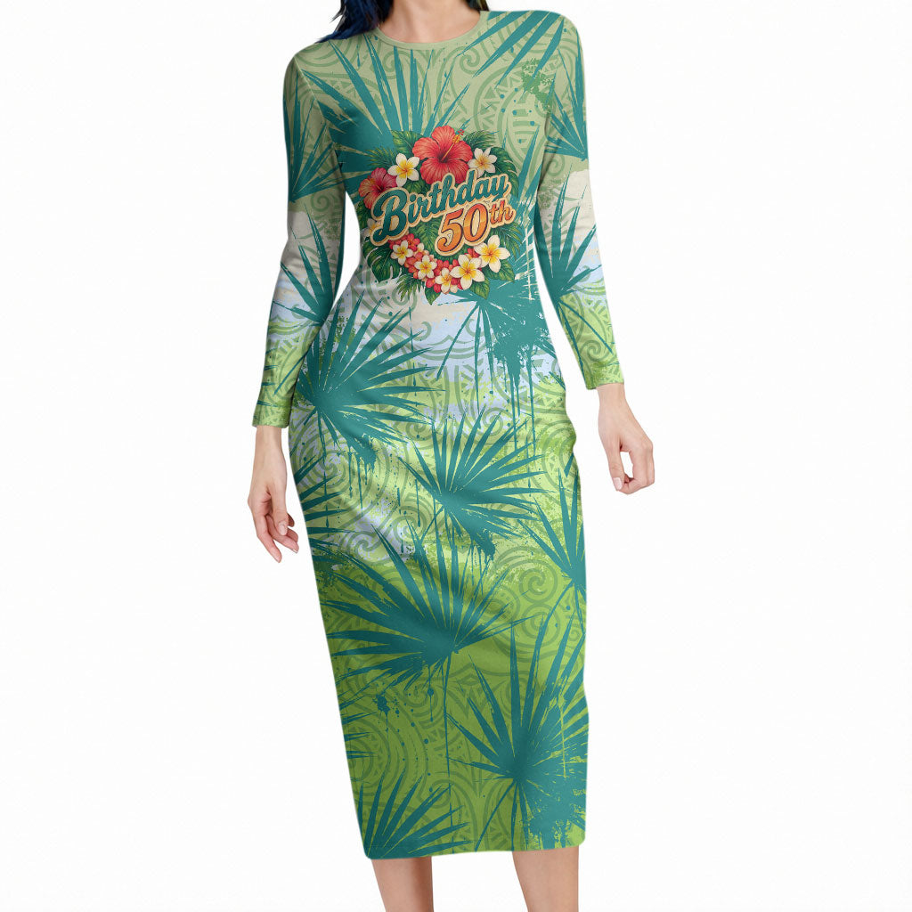 Personalized Polynesia 50th Birthday Long Sleeve Bodycon Dress Vintage Hawaiian Floral Ukulele Tropical Sunset Art TS04 Long Dress Green - Polynesian Pride