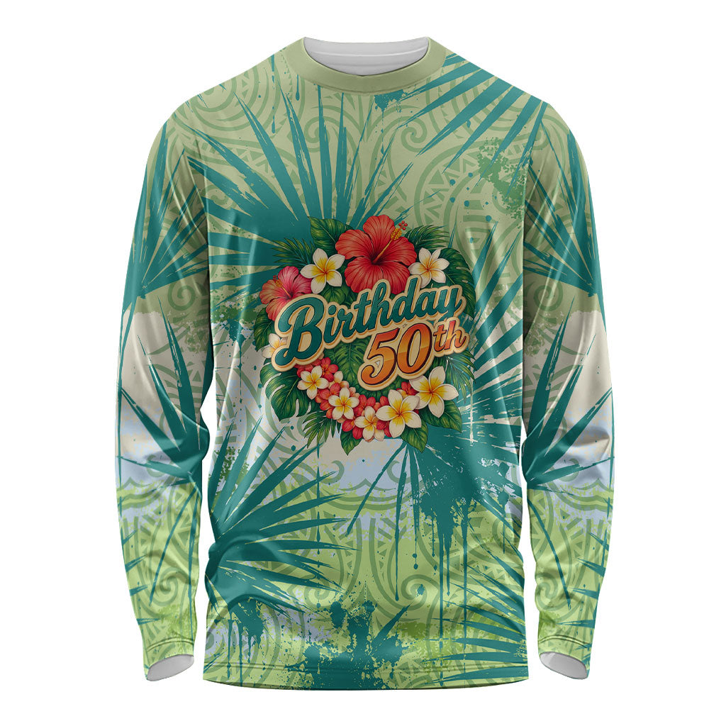 Personalized Polynesia 50th Birthday Long Sleeve Shirt Vintage Hawaiian Floral Ukulele Tropical Sunset Art TS04 Unisex Green - Polynesian Pride