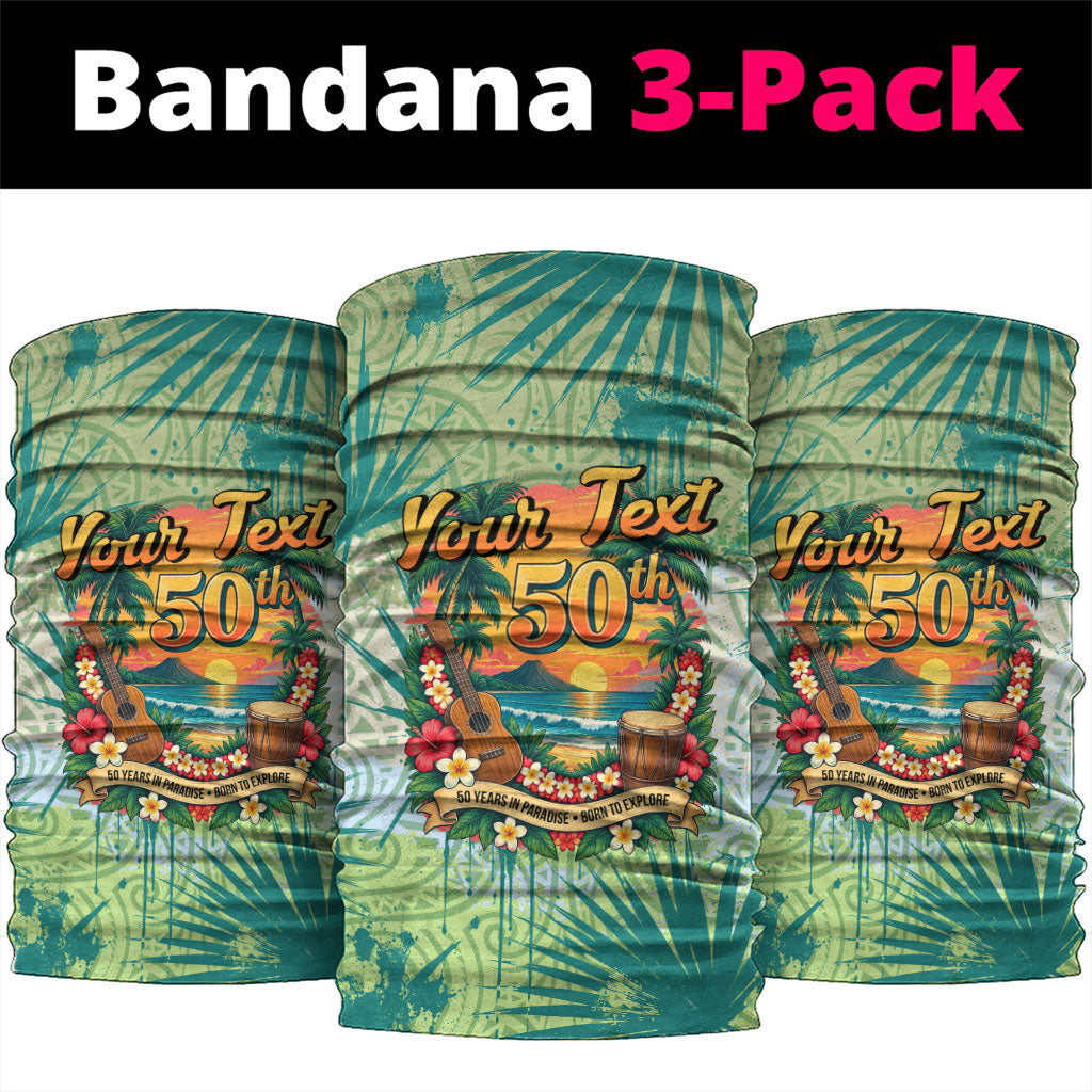 Personalized Polynesia 50th Birthday Neck Gaiter Vintage Hawaiian Floral Ukulele Tropical Sunset Art TS04 package One Size: 25*50cm Green - Polynesian Pride