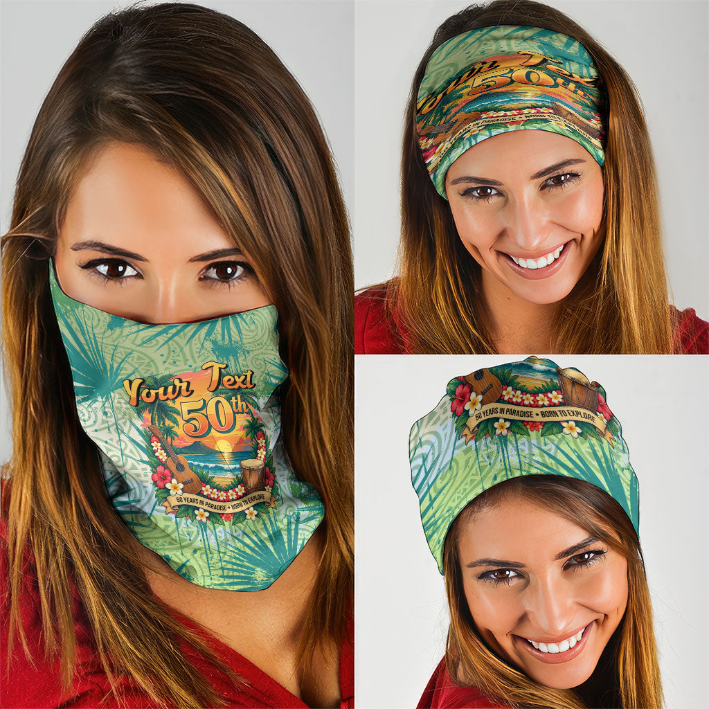 Personalized Polynesia 50th Birthday Neck Gaiter Vintage Hawaiian Floral Ukulele Tropical Sunset Art TS04 - Polynesian Pride