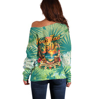 Personalized Polynesia 50th Birthday Off Shoulder Sweater Vintage Hawaiian Floral Ukulele Tropical Sunset Art TS04 - Polynesian Pride