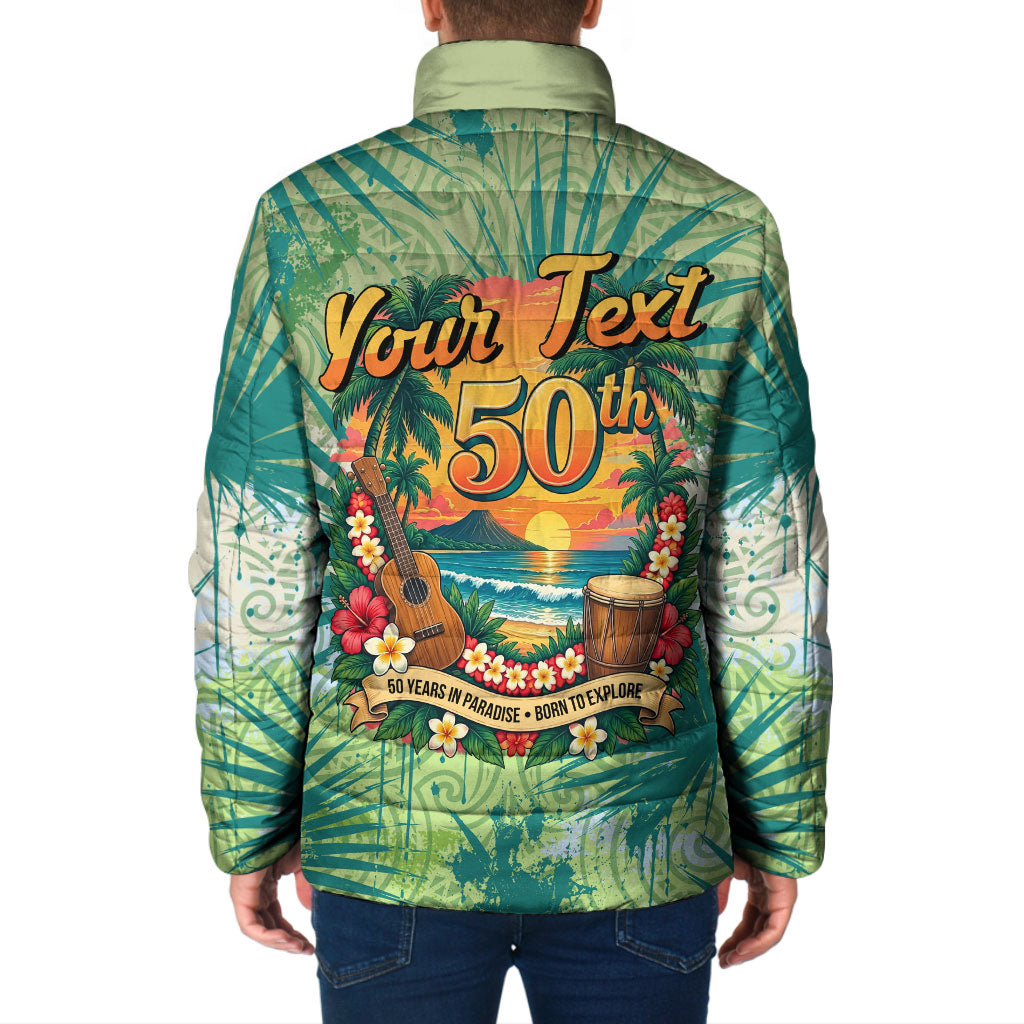 Personalized Polynesia 50th Birthday Padded Jacket Vintage Hawaiian Floral Ukulele Tropical Sunset Art TS04 - Polynesian Pride