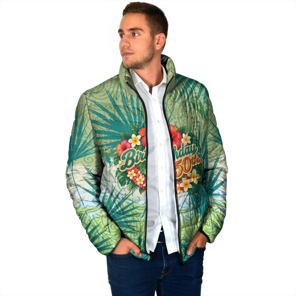 Personalized Polynesia 50th Birthday Padded Jacket Vintage Hawaiian Floral Ukulele Tropical Sunset Art TS04 - Polynesian Pride