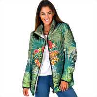 Personalized Polynesia 50th Birthday Padded Jacket Vintage Hawaiian Floral Ukulele Tropical Sunset Art TS04 Women Green - Polynesian Pride