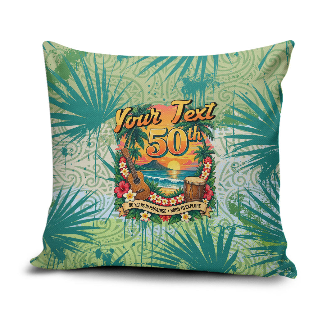 Personalized Polynesia 50th Birthday Pillow Cover Vintage Hawaiian Floral Ukulele Tropical Sunset Art TS04 Green - Polynesian Pride
