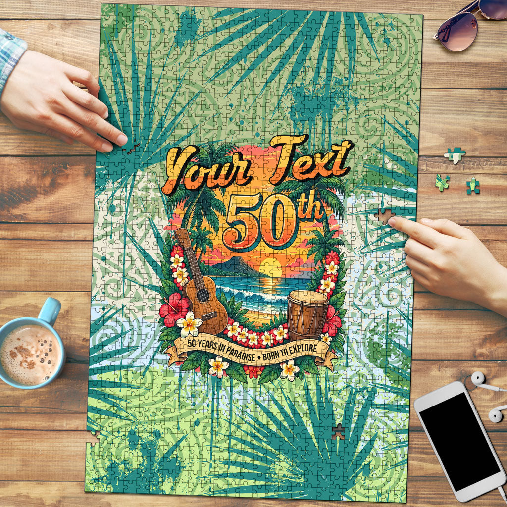 Personalized Polynesia 50th Birthday Puzzle Vintage Hawaiian Floral Ukulele Tropical Sunset Art TS04 Green - Polynesian Pride
