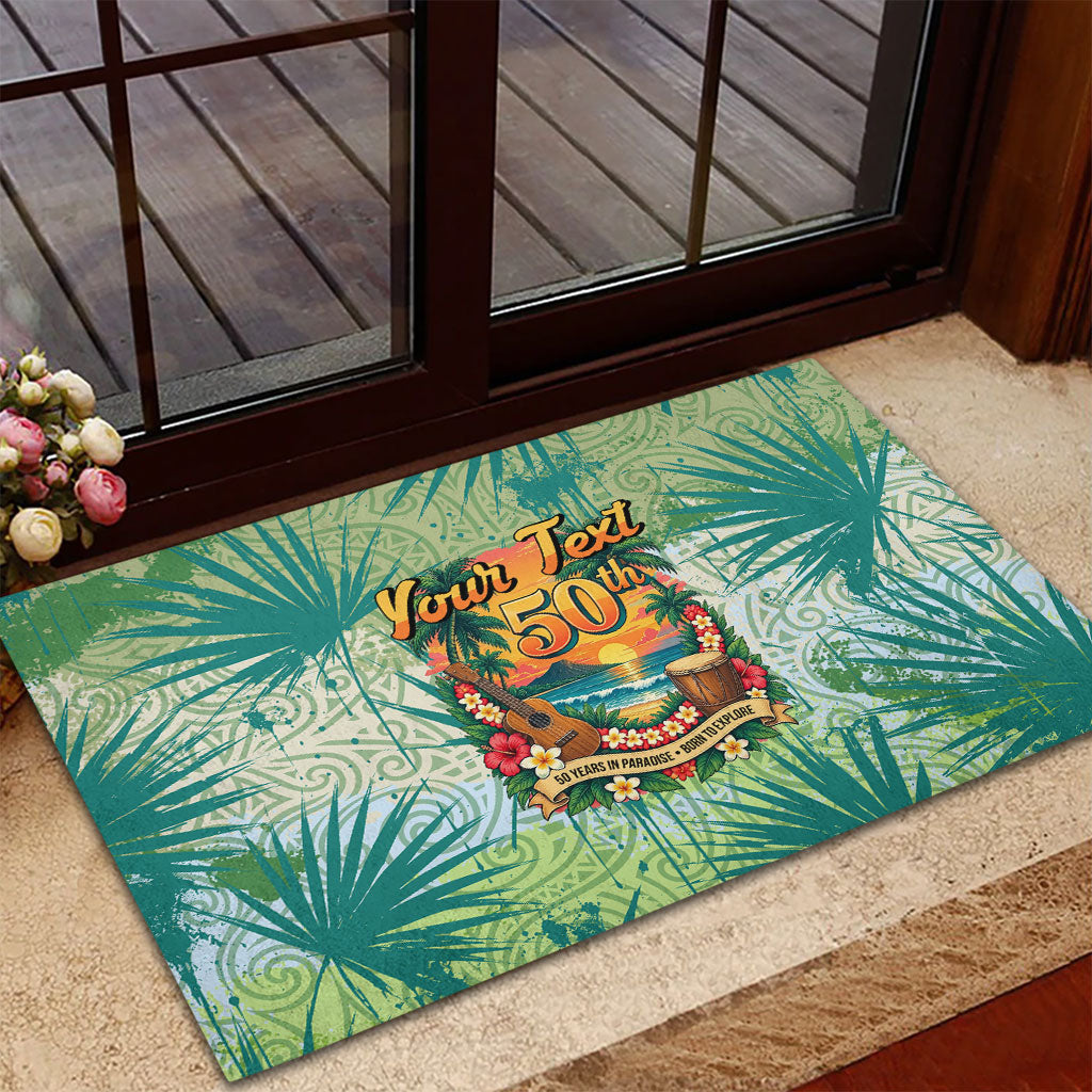 Personalized Polynesia 50th Birthday Rubber Doormat Vintage Hawaiian Floral Ukulele Tropical Sunset Art TS04 - Polynesian Pride