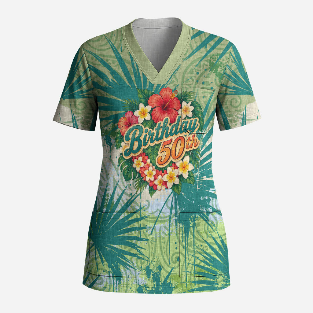 Personalized Polynesia 50th Birthday Scrub Top Vintage Hawaiian Floral Ukulele Tropical Sunset Art TS04 Adult Green - Polynesian Pride