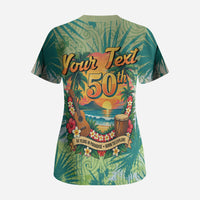 Personalized Polynesia 50th Birthday Scrub Top Vintage Hawaiian Floral Ukulele Tropical Sunset Art TS04 - Polynesian Pride