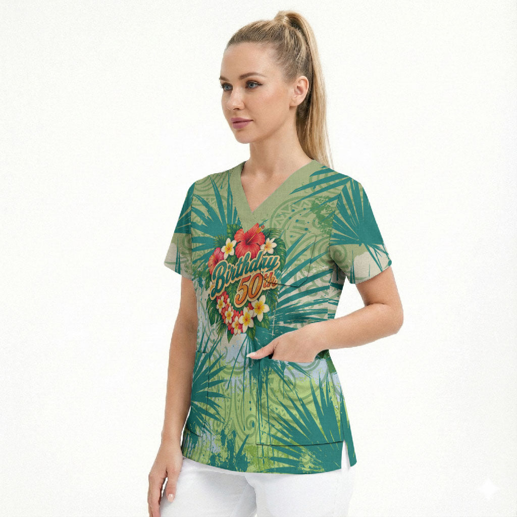 Personalized Polynesia 50th Birthday Scrub Top Vintage Hawaiian Floral Ukulele Tropical Sunset Art TS04 - Polynesian Pride