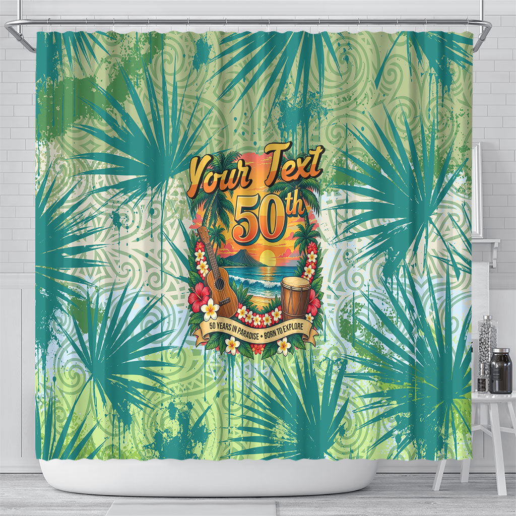Personalized Polynesia 50th Birthday Shower Curtain Vintage Hawaiian Floral Ukulele Tropical Sunset Art TS04 - Polynesian Pride