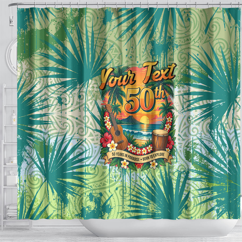 Personalized Polynesia 50th Birthday Shower Curtain Vintage Hawaiian Floral Ukulele Tropical Sunset Art TS04 - Polynesian Pride