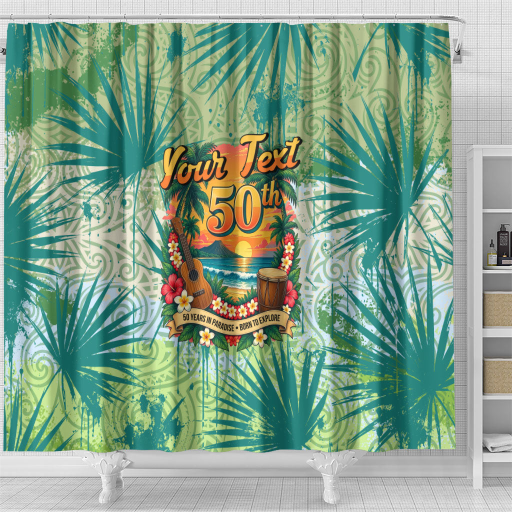Personalized Polynesia 50th Birthday Shower Curtain Vintage Hawaiian Floral Ukulele Tropical Sunset Art TS04 - Polynesian Pride