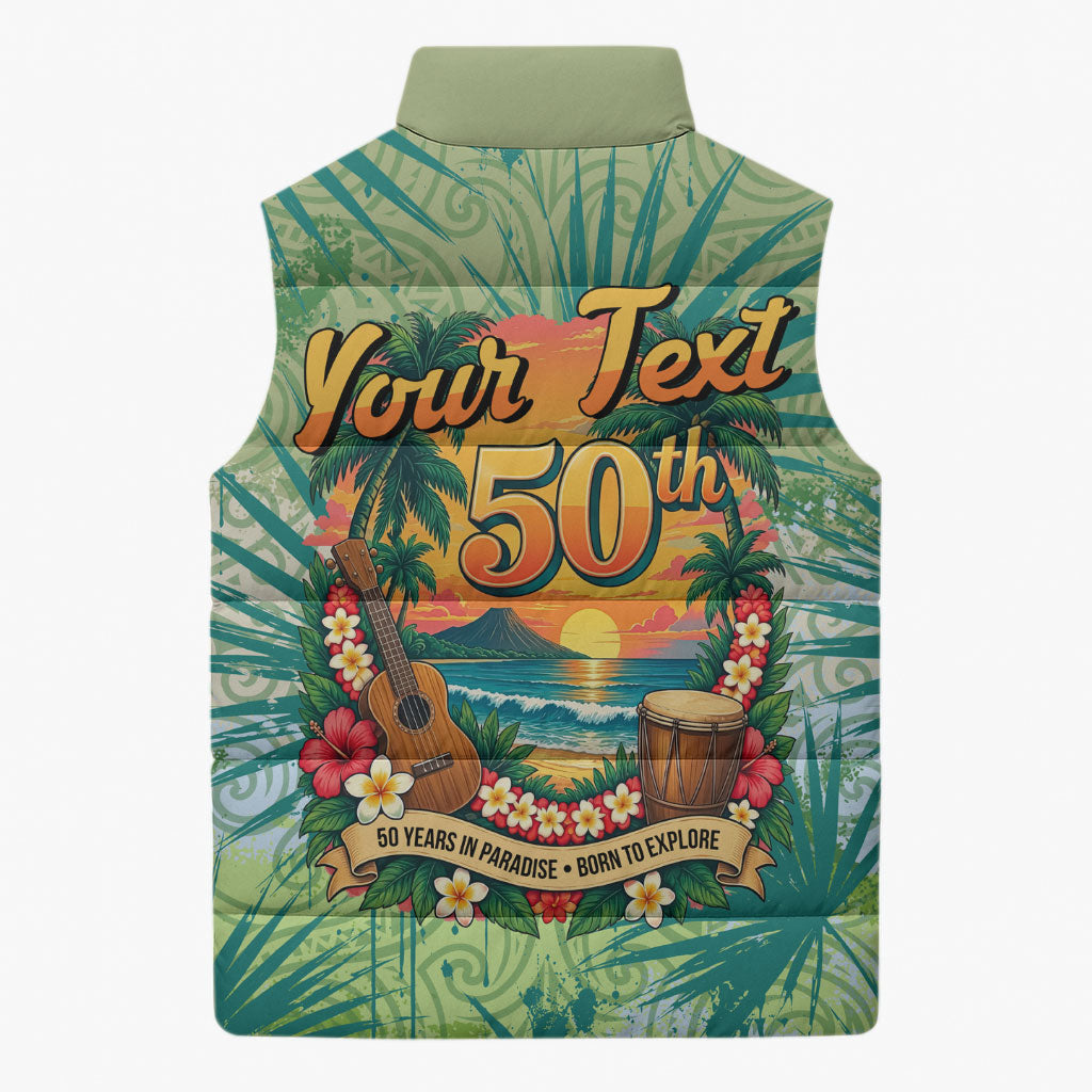 Personalized Polynesia 50th Birthday Sleeveless Puffer Jacket Vintage Hawaiian Floral Ukulele Tropical Sunset Art TS04 - Polynesian Pride