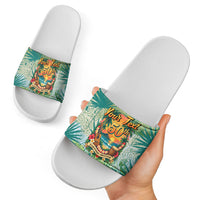 Personalized Polynesia 50th Birthday Slide Sandals Vintage Hawaiian Floral Ukulele Tropical Sunset Art TS04 - Polynesian Pride