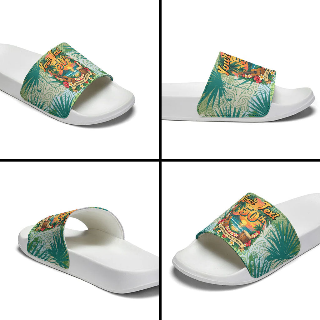 Personalized Polynesia 50th Birthday Slide Sandals Vintage Hawaiian Floral Ukulele Tropical Sunset Art TS04 - Polynesian Pride
