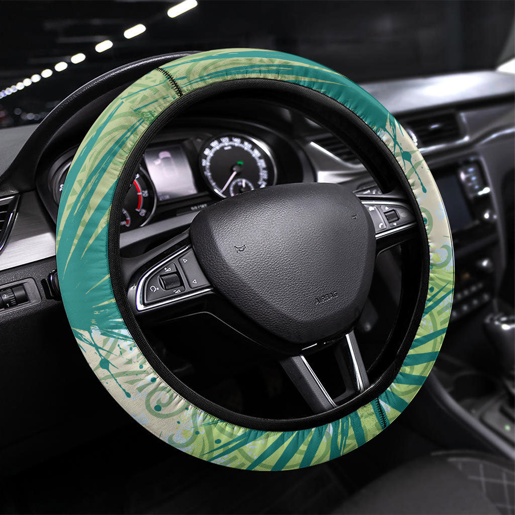 Polynesia 50th Birthday Steering Wheel Cover Vintage Hawaiian Floral Ukulele Tropical Sunset Art TS04 Universal Fit Green - Polynesian Pride