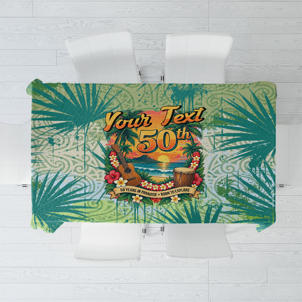 Personalized Polynesia 50th Birthday Tablecloth Vintage Hawaiian Floral Ukulele Tropical Sunset Art TS04 Green - Polynesian Pride