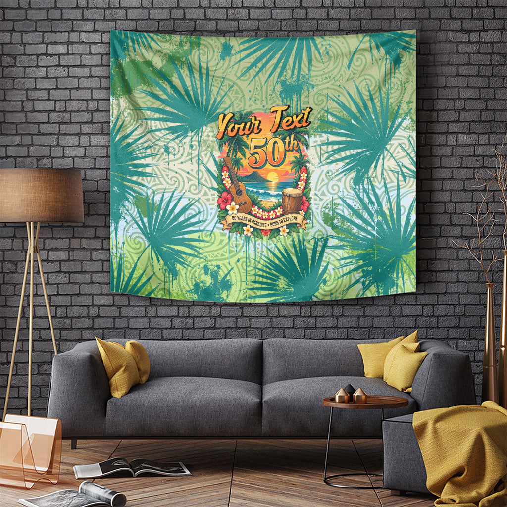 Personalized Polynesia 50th Birthday Tapestry Vintage Hawaiian Floral Ukulele Tropical Sunset Art TS04 Green - Polynesian Pride