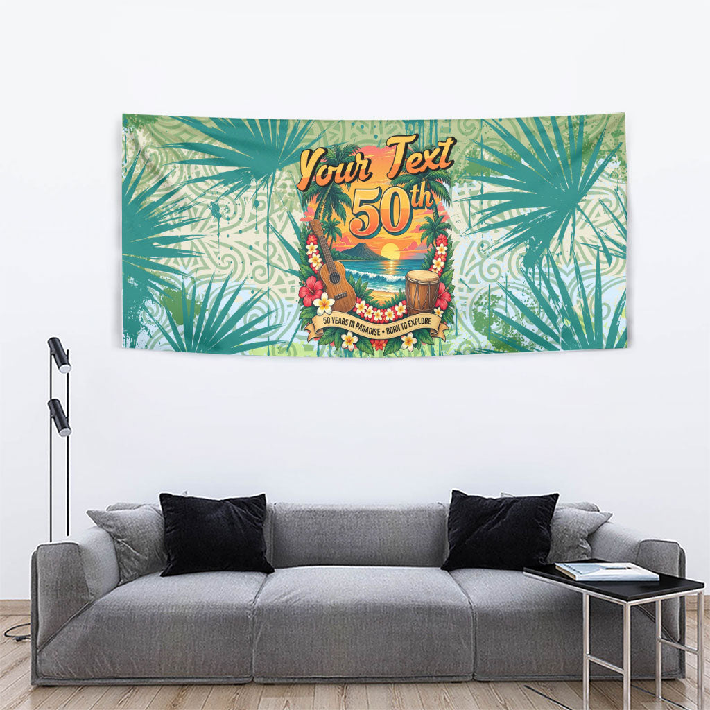 Personalized Polynesia 50th Birthday Tapestry Vintage Hawaiian Floral Ukulele Tropical Sunset Art TS04 - Polynesian Pride